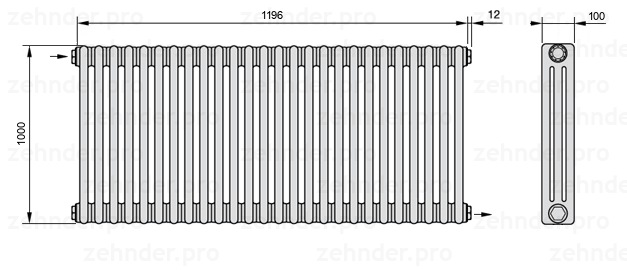 Схема (чертеж) Радиатор Zehnder Charleston 3100/26 №1670 Белый глянцевый RAL 9016